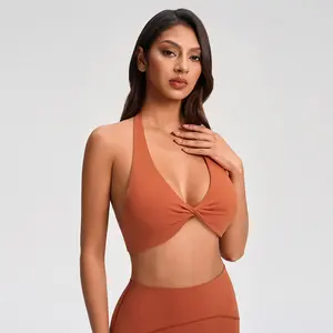Trendy Twist Front Halter Sports Bra - V-Neck Open Back Workout Bra with Removable Pads, Buttery Soft Double Brushed Fabric in Fall Caramel Tone for Yoga, Pilates & Casual Wear