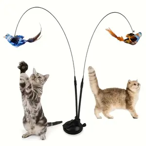 Suction Cup Bird Teaser Cat Toy, Interactive Wand with 2 Bird Feather Refills for Indoor Cats