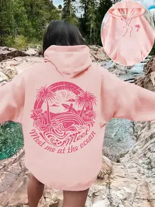 Women's Coconut Tree Print Hoodie, Sweatshirts, Casual Long Sleeve, Loose-Fitting, Drawstring, Pockets, Ideal for Spring & Winter, Must-Have Wardrobe Addition, Lady, Casual Drawstring Hooded