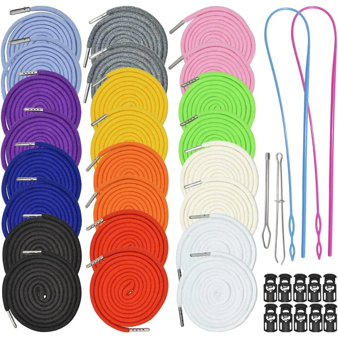 24 count 12 Colors Drawstring Replacement Drawstring Cords Clothing Drawstring Hoodies Drawstring with 4 count Drawstring Threaders and 10 count Plastic Cord Locks (51" Long)