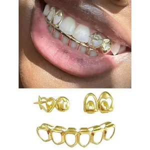 1 Set Fashion Women's Dental Grillz Double Hollow Heart Shape Combo Hollow Heart Star Hollow Hiphop Teeth Grillz Party Club Decor, Includes Removable Silicone Molds, Adjustable For Men & Women, Holiday Gift