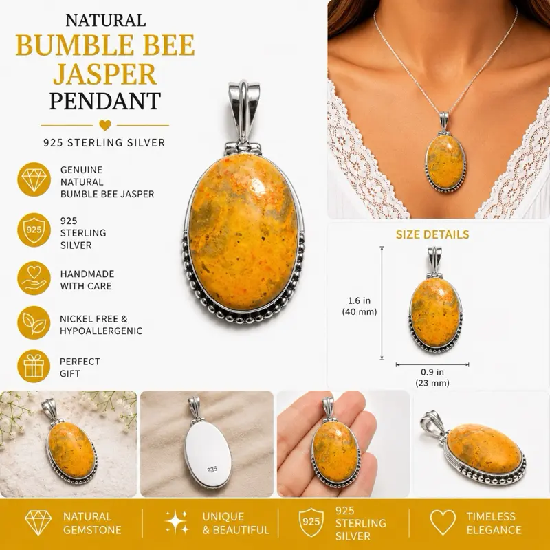 925 Sterling Silver Bumble Bee Jasper Pendant, Natural Stone Semiprecious Stone Jewelry, Gift-Ready Accessory