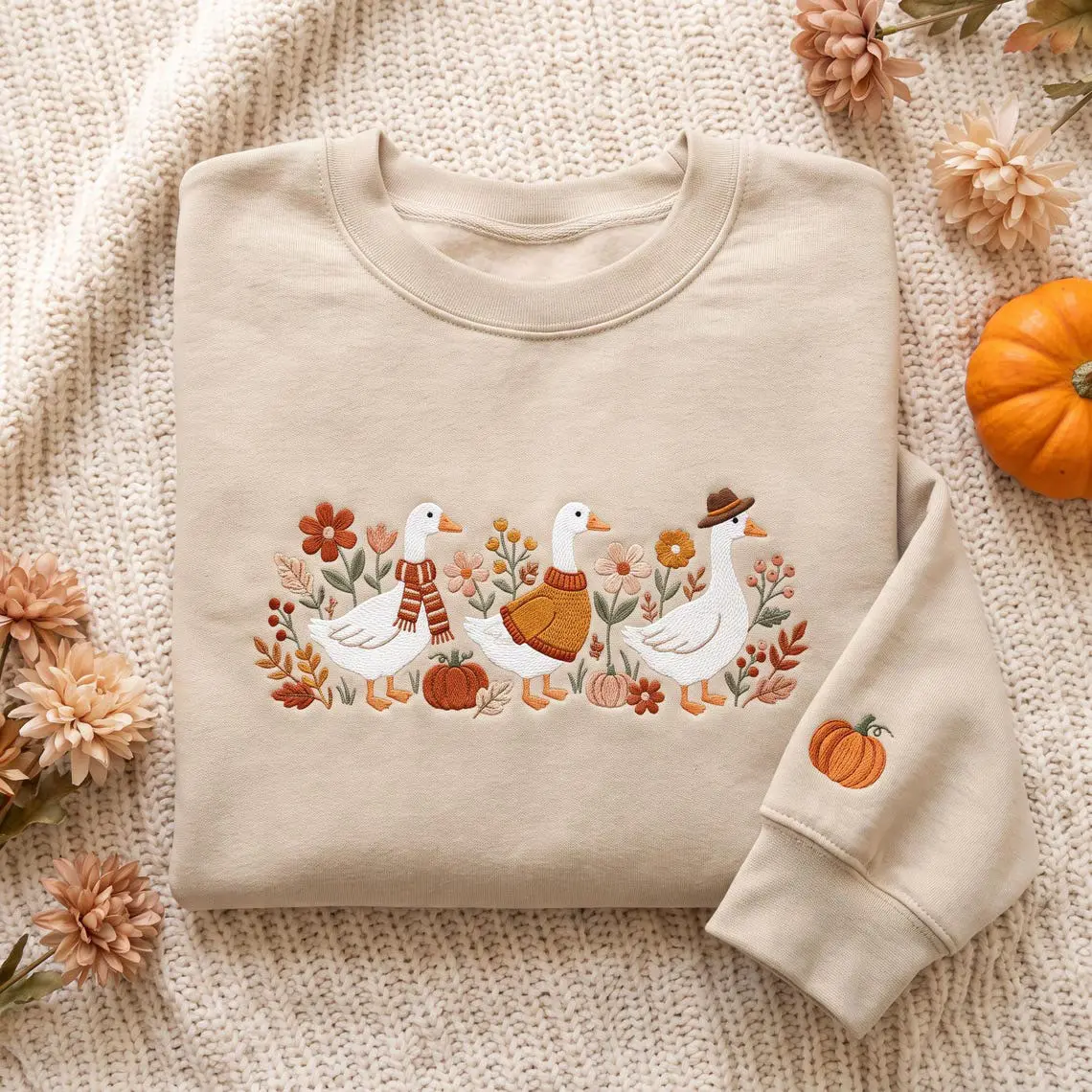 Silly Goose Fall Crewneck for Her, Embroidered Geese in Sweaters Sweatshirt, Cottagecore Autumn Gift, Cozy Season Pullover
