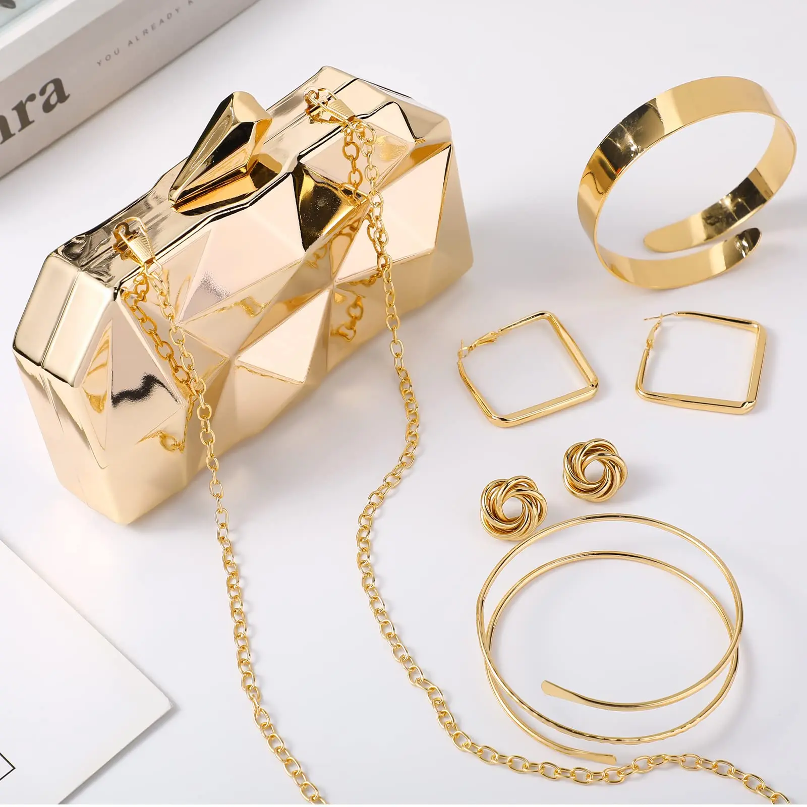 5-Piece Clutch Purse and Jewelry Set for Women, Retro Metallic Evening Bag with Earrings & Arm Cuffs for Wedding, Birthday Parties, Bridal Showers