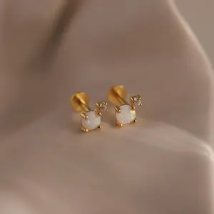 Opal & Diamond Flatback Studs by Caitlyn Minimalist - Vintage Opal Stud Earrings - Dainty Birthstone Jewelry - Bridesmaid Gift for Her