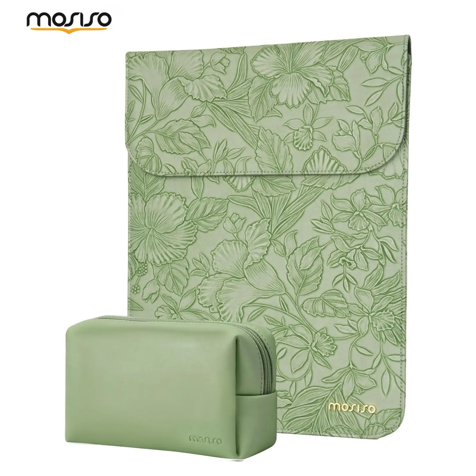 MOSISO Waterproof PU Leather 13-Inch Magnetic Envelop-Shape Floral Print Laptop Sleeve with Accessory Pouch, Retro Slim Sage Green Protective Bag for MacBook Air 13/Pro 13/14 (Office Use)