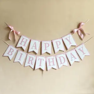 Happy Birthday Banner Decorations Cute Birthday Banner Garland Party Decor Coquette Bow Birthday Party Supplies (Pink)