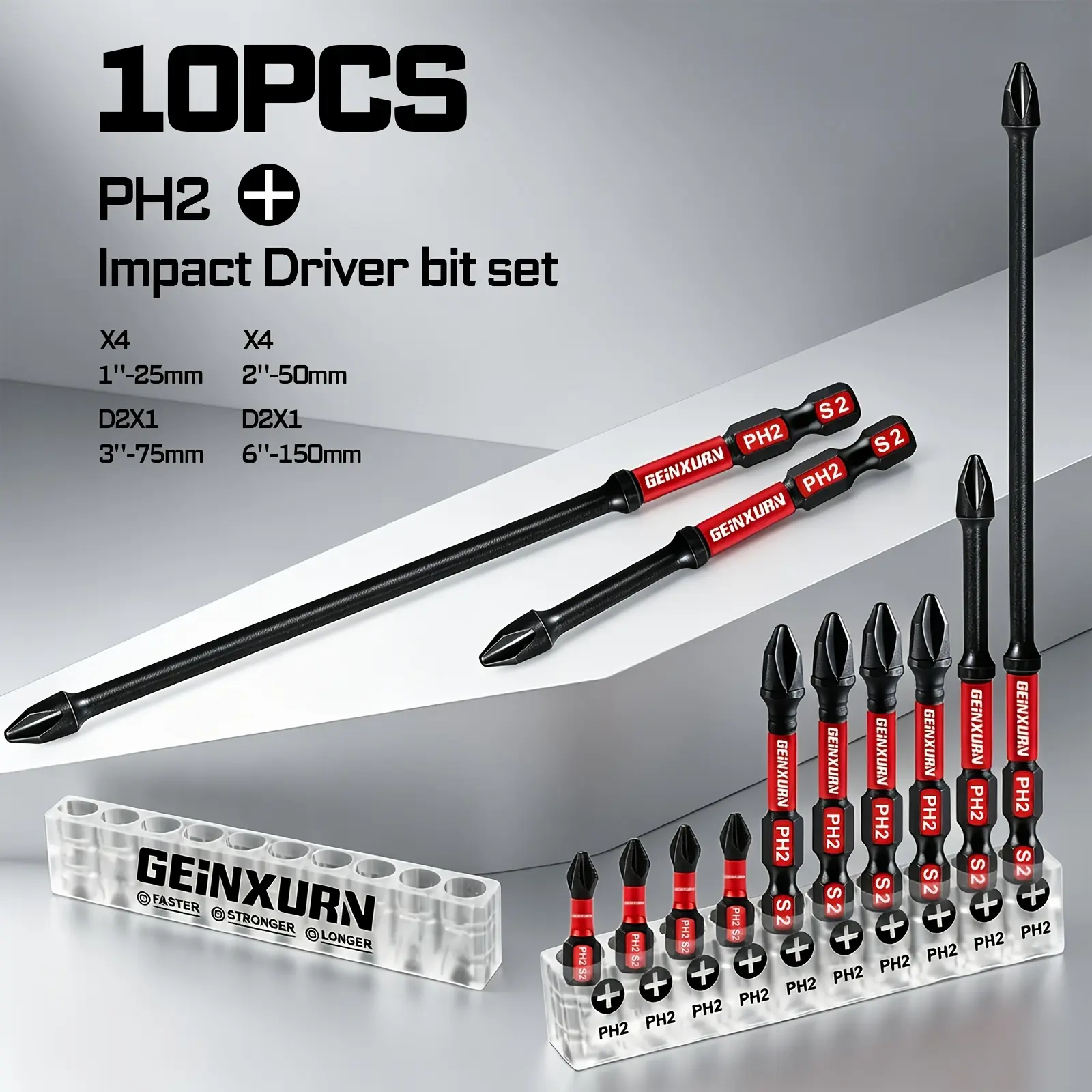 10-Piece Phillips Impact Screwdriver Bit Set, S2 Steel Magnetic Phillips Bits, 1/4-inch Hex Shank, Lengths: 25, 50, 75, and 150 mm, Anti-Twist Design,tool kit set