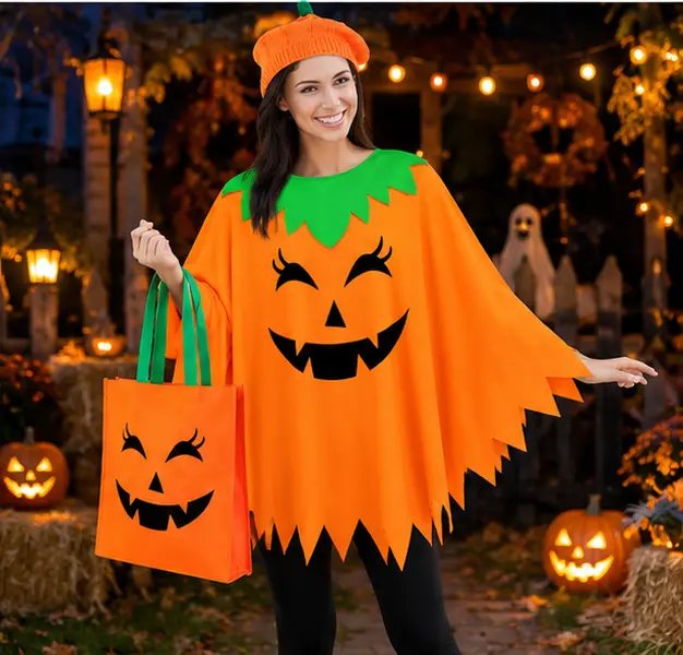 Pumpkin Costume for Women, Adult Halloween Pumpkin Poncho Costume Set