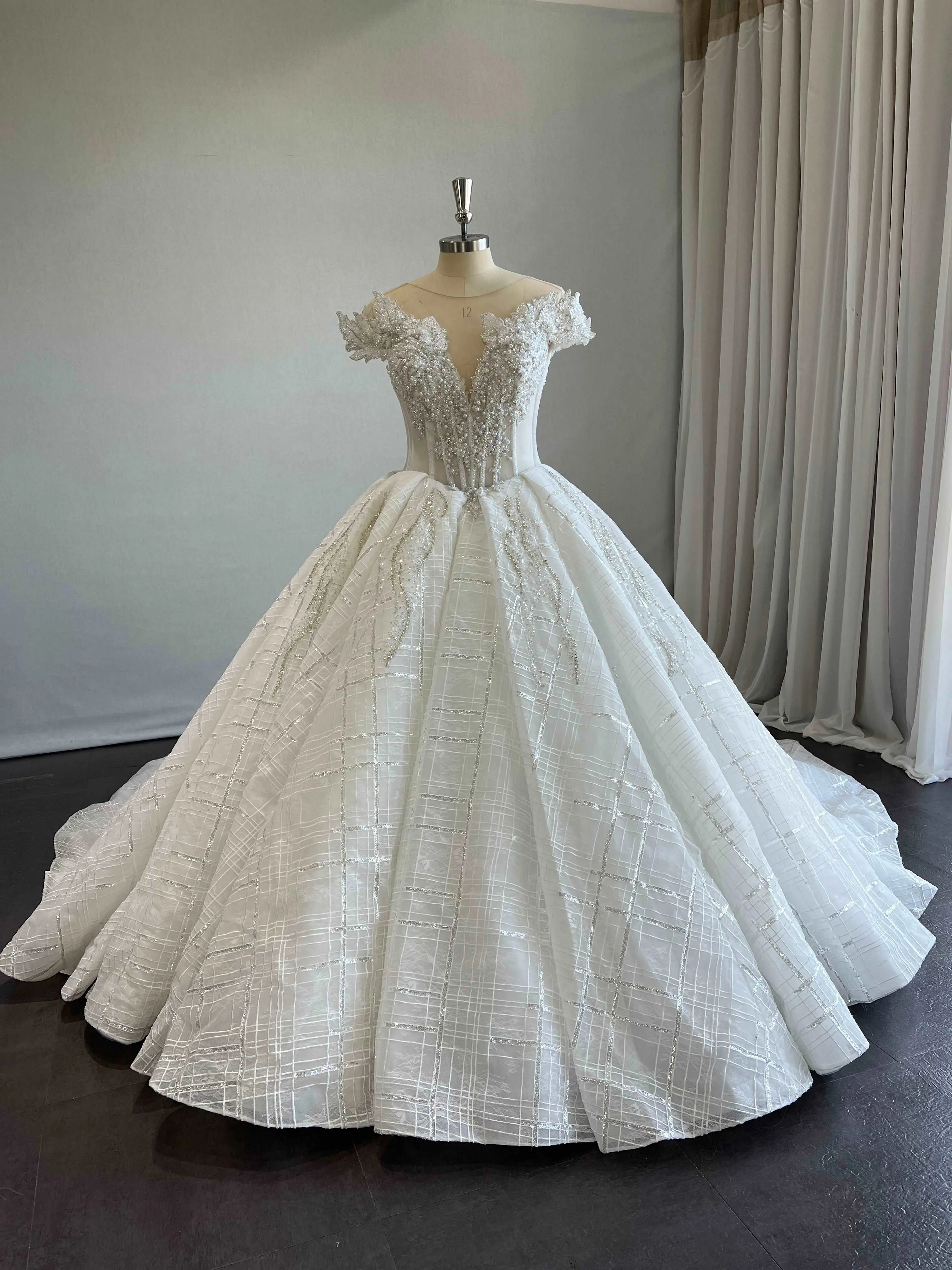 Plaid Glitter Ball Gown Wedding Dress, Mia Style Off Shoulder Gown with Beaded 3D Lace, Mix Beading, and Back Lace Up Closure