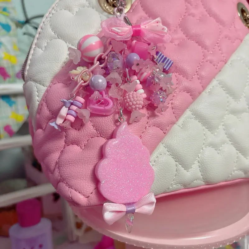 Kawaii Handmade Resin Cotton Candy Charm with Bite Me Word 6 Inches Long with 4 Chains and Bag Clip Attachment Whimsical Playful Keychain