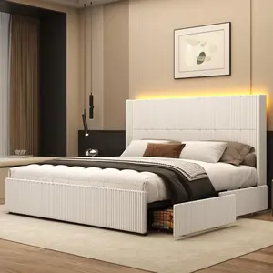 King /Queen/Full /Twin Size Corduroy Upholstered Bed Frame with Drawers & LED Light, Wingback Bed Frame King/Queen with 52" Headboard & Footboard, Corduroy/Vertical Stripes/No Box Spring Needed/Noise Free, Cream