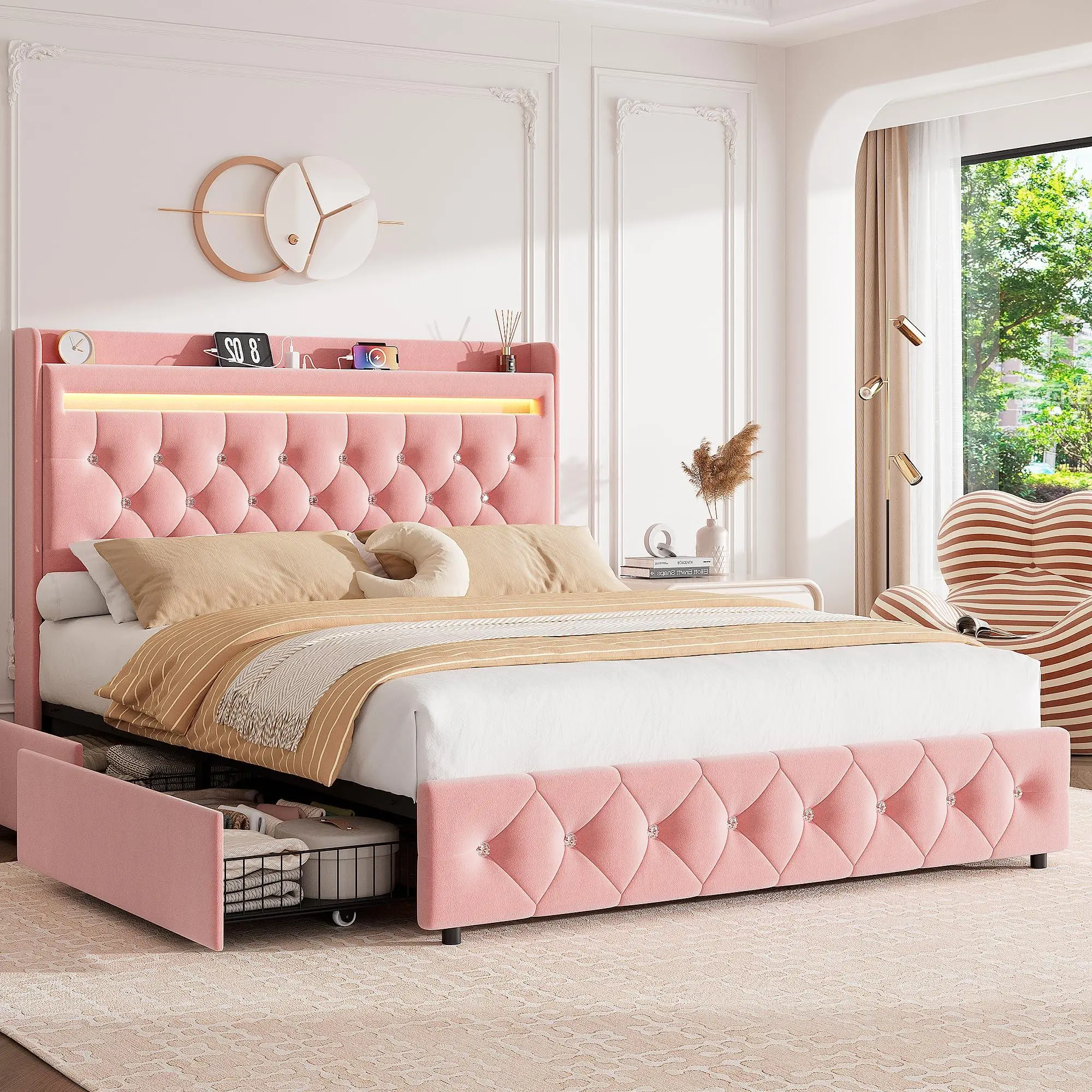 Full Upholstered LED Bed Frame - with Storage Headboard, Charging Station and 2 Drawers, Soft Velvet Princess Platform Bed for Kids, Wood Support, No Box Spring Needed, Easy Assembly, Pink