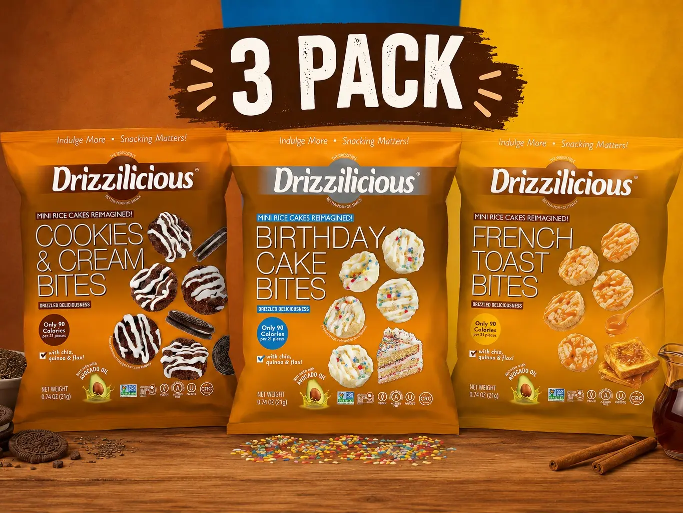 Drizzilicious Mini Rice Cakes Variety Pack (3 Pack, 0.74 oz Each)