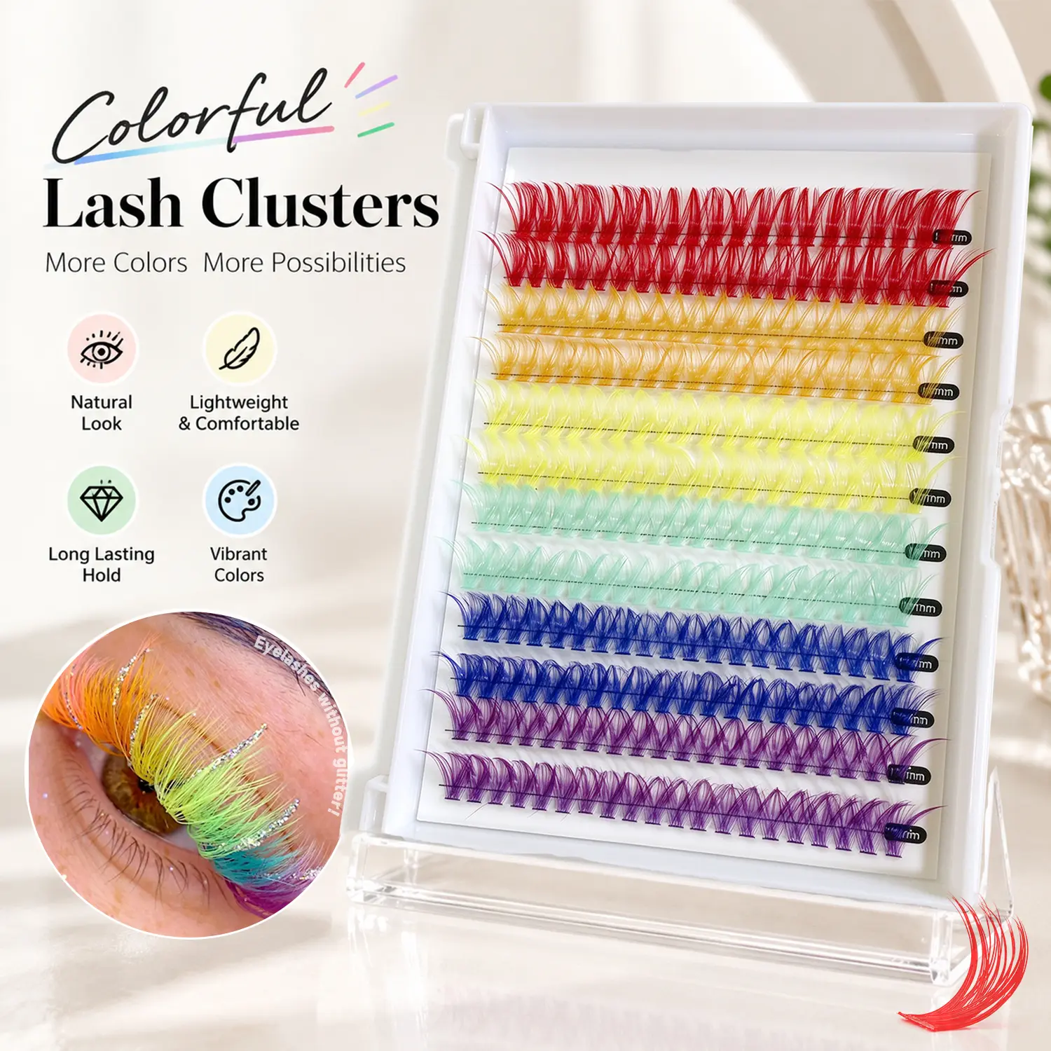 Fairy Colored Cosmetic Individual Lash Extension Clusters, 6-Color Rainbow Makeup Products, 14-16mm D Curl, 240 pcs DIY False Eyelashes (No Glue)