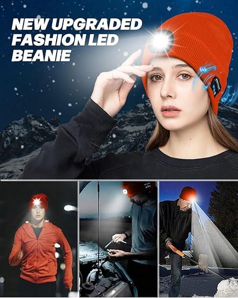 Bluetooth Beanie with a Light, Unisex USB Rechargeable 4 LED Fashlight Hat with Cordless Headphones, Unique Christmas Birthday Gifts for Men Him Husband Teen Black