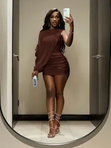 Women Solid Color One Shoulder Mini Dress with Cape Detail