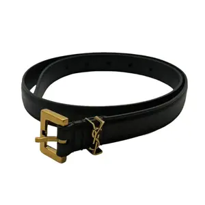 Pre-owned Saint Laurent Logo Belt Black/Gold 80