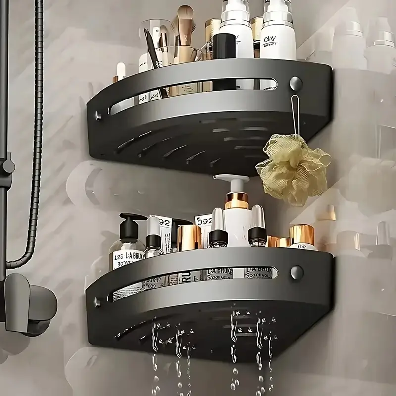 2-Tier Abs Plastic Corner Shower Shelf, No-Drill Installation, Ventilated Design, Large Capacity, Durable & Moisture-Resistant, Bathroom Accessories Organizer, Shower Caddy Shelf, Bathroom Gadgets
