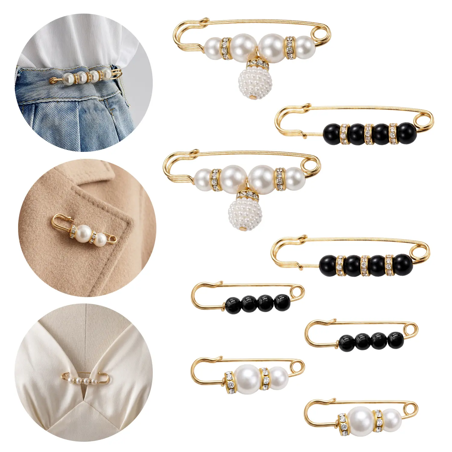 8PCS Pearl Clothing Adjuster Pins, Decorative Brooch Safety Pins for Women, No-Sew Waist Tightener Pins for Dresses, Sweaters, Shawls, Shirts & Jeans