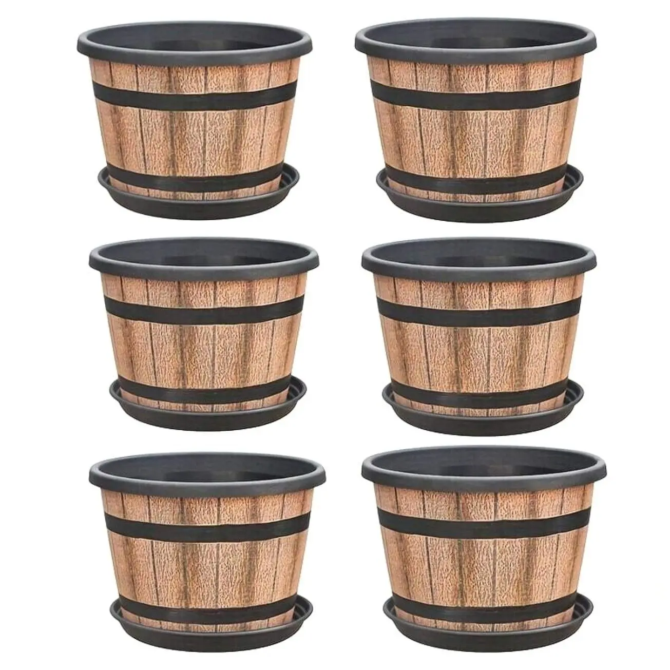 6pcs Set Of Flower Pots, Whiskey Barrel Flower Pots With Drainage Holes And Trays, Plastic Decorative Flower Pots Designed To Imitate Wine Barrels, Suitable For Indoor And Outdoor Garden Home Plants Brown