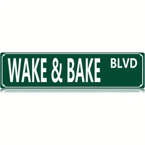 Wake & Bake Blvd Metal Tin Sign - Funny Vintage Weed Marijuana Wall Art Decor, 16x4 Inch Slim Street Sign for Home Bar Cafe Garage Indoor/Outdoor, Humorous Gift for Mother'S Day Father'S Day Graduation 4th of July, Vintage Metal Tin Sign