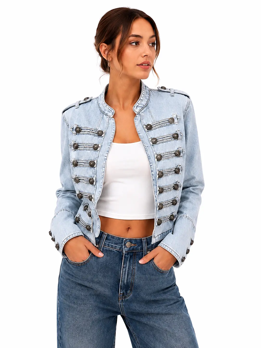 Women's Military Style Denim Jacket Cropped Button Front Jean Jacket Vintage Washed Casual Fashion Coat Long Sleeve Blue Black Gray