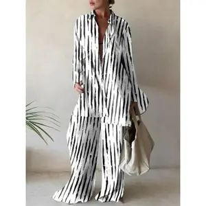 Women’s fashionable printed loose long-sleeve shirt and straight-leg pants set, a perfect gift for casual daily wear and outdoor activities, women’s shirt GARMENTARY