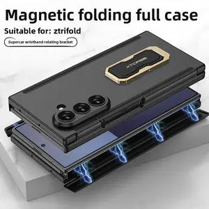 Compatible with Samsung Z TriFold phone case, featuring a rotating stand, wrist strap, magnetic closure, dual hinge design, and premium leather finish. Suitable for men.