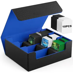 Card Deck Case, 1800+ Trading Card Storage Box with 10 Dividers and 3 Foam Stoppers, Leather Magnetic Closure Commander Deck Box Fit for YuGiOh, MTG and Sport Cards(Black&Blue)