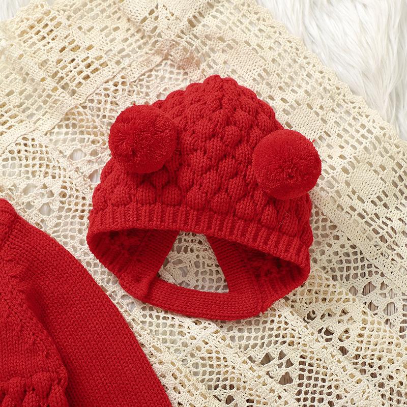 MIMIXIONG Baby Romper Set with Matching Shoes Hat and Gloves in Red Knit Design for Infants