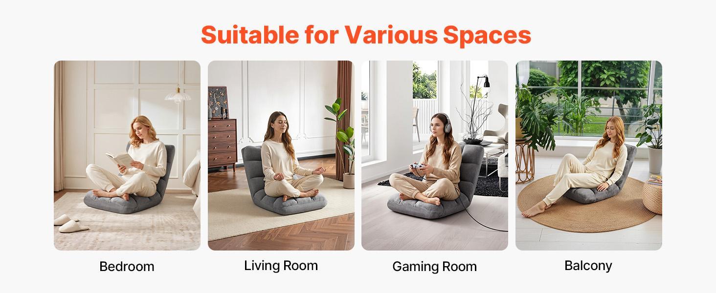 【FathersDayGift】VEVOR Floor Chair, 14 Adjustable Positions Folding Floor Gaming Chair with Back Support, Sturdy Metal Frame with Recycled Foam and Coral Fleece Surface, Multifunctional for Reading, Relaxing, Gray