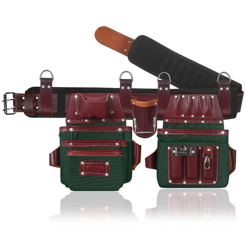FUERI Heavy Duty Tool Belt for Men 26 Pockets Green & Maroon Nylon Leather Organizer Carpenter Construction Electrician Framing Belt Bag Pouch