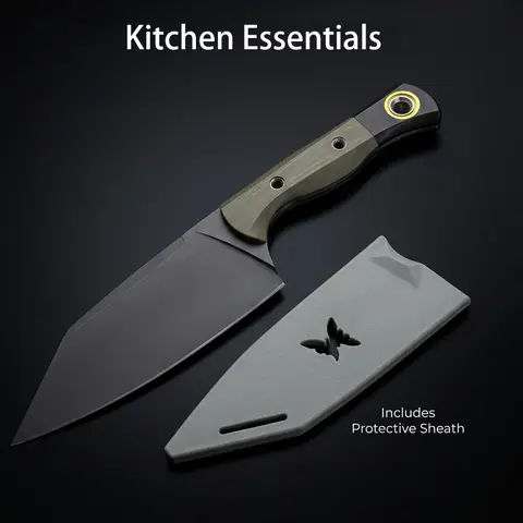 9Cr18 Stainless Steel Full Tang Full Edge Kitchen Knife - Matte Black Handle, Silver Durable Blade, Sheath-Included, Minimalist Ergonomic Secure Grip for Household Slicing, Daily Kitchen Operations