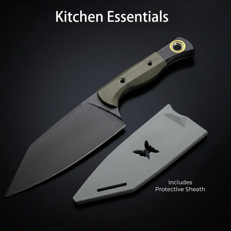 9Cr18 Stainless Steel Full Tang Full Edge Kitchen Knife - Matte Black Handle, Silver Durable Blade, Sheath-Included, Minimalist Ergonomic Secure Grip for Household Slicing, Daily Kitchen Operations