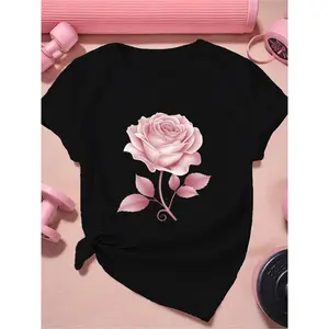 Women'S Black T-Shirt with Pink Rose Print - Casual Short Sleeve, Crew Neck, Machine Washable - Perfect for Summer Workouts and Casual Attire, Ladies T Shirts