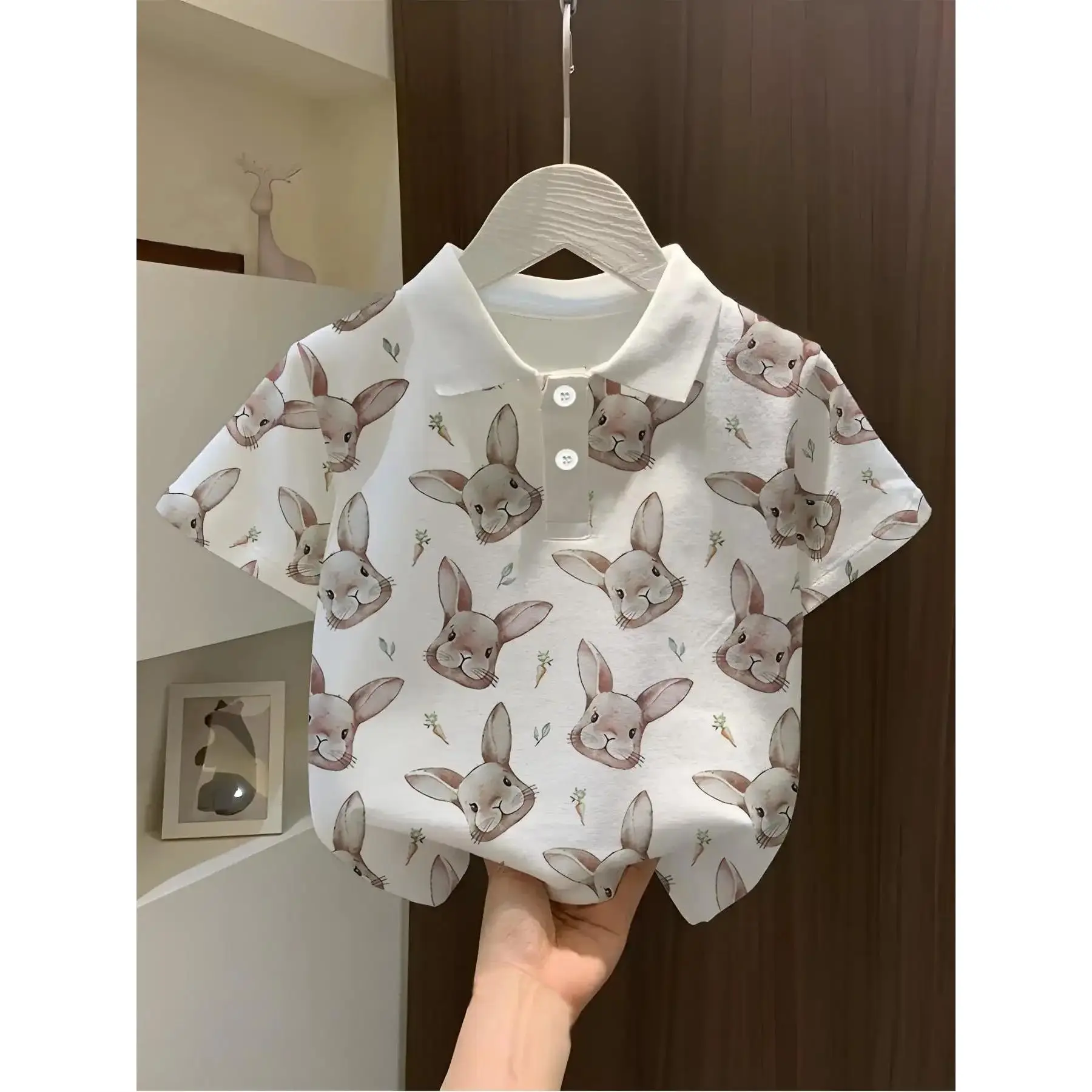 Boy's Easter Theme Cartoon Rabbit Playful Print Short-Sleeve Polo Shirt - Loose Fit Kids' Clothes, Breathable Fabric, Prop 65 Safe, Perfect for School/Play Daily Wear, Loose Fit Shirts, Casual, Cartoon Rabbit Print, Short Sleeves, Comfortable, Cute, Butto