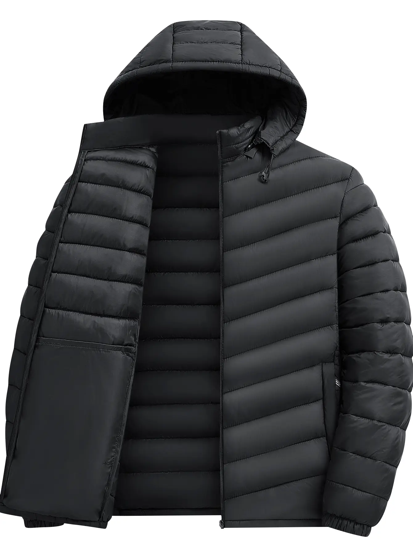 One men’s cotton jacket in a solid color with diagonal topstitching, drawstring hood, and zippered pockets; urban casual style with diagonally sectioned lines and fixed inner padding; matte, smooth fabric; suitable for men for shopping, exploring stores,