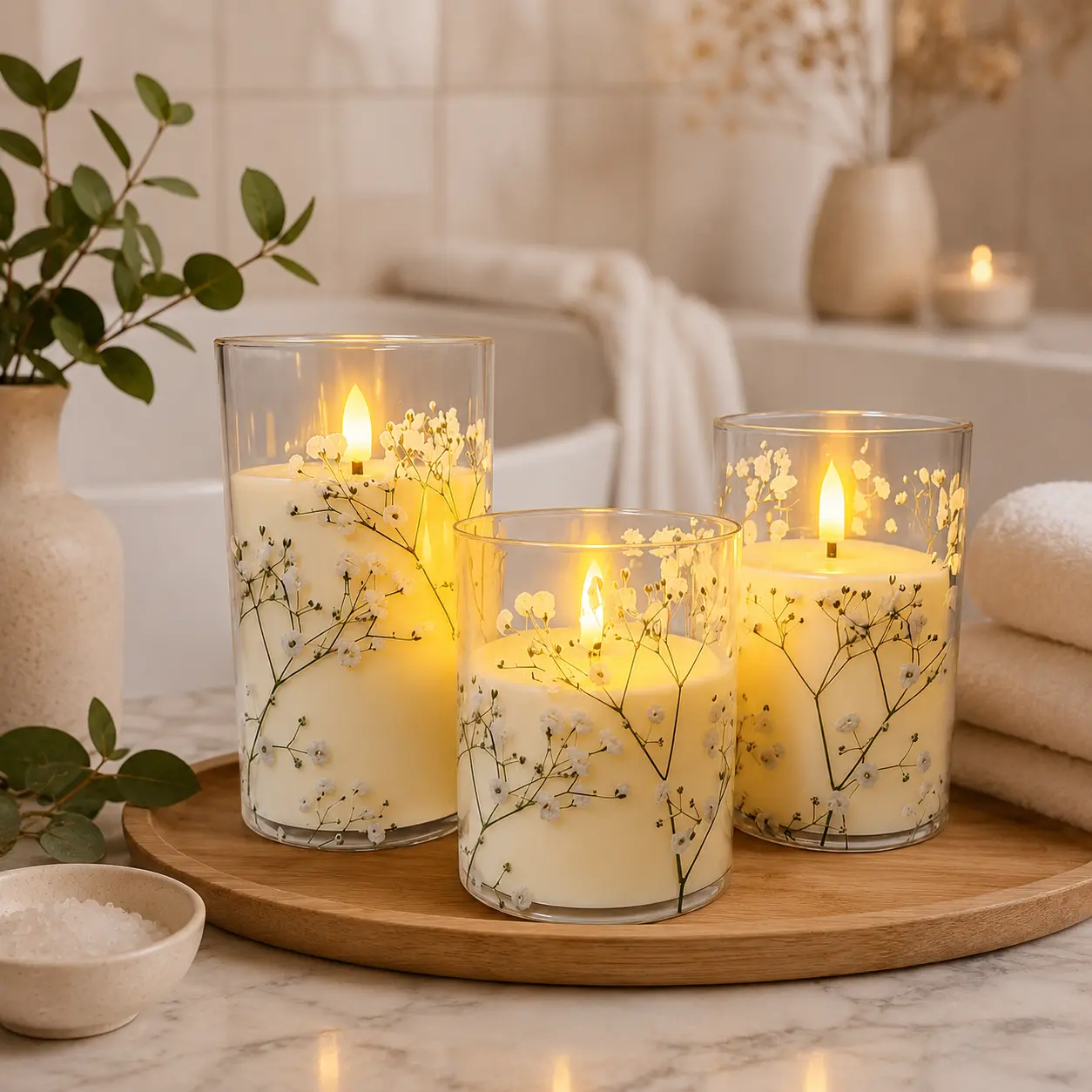 3-Piece LED Smokeless Flameless Candles with White flower pattern - Festive Home Decor for Wedding Venues, Bedrooms, Holiday Decorations