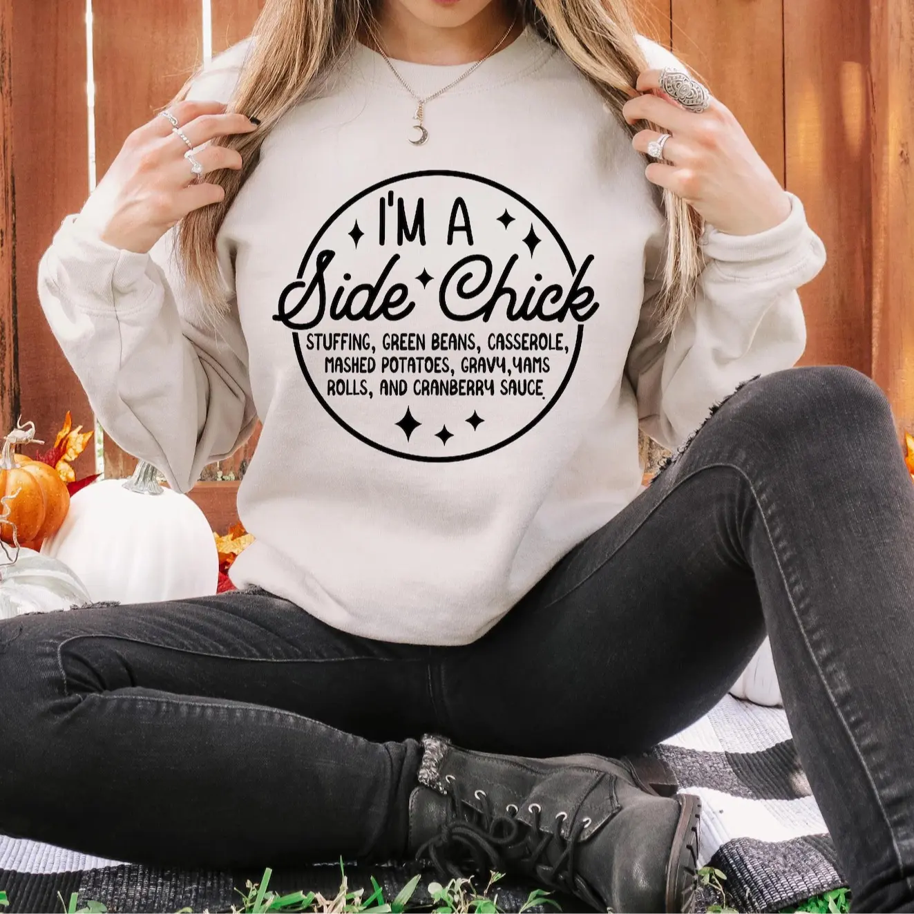 I'm a Side Chick Sweatshirt - Funny Thanksgiving Sweatshirt, Casual Cotton Crewneck, Long Sleeves, Plain Design, Women's Basic T-Shirt