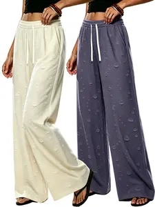Women’s drawstring mid-rise sweatpants with 3D polka dot embossing and wide legs — casual, loose fit, slimming, versatile athletic long pants for everyday wear