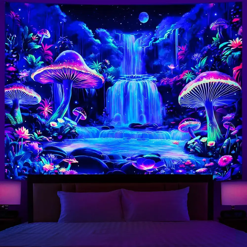 Dermijer Blacklight Tapestry Fantasy Mushroom Forest Tapestry UV Reactive Waterfall Tapestries Moon Night Neon Flower Landscape Tapestries Wall Hanging for Home Decor L59.1*W51.2