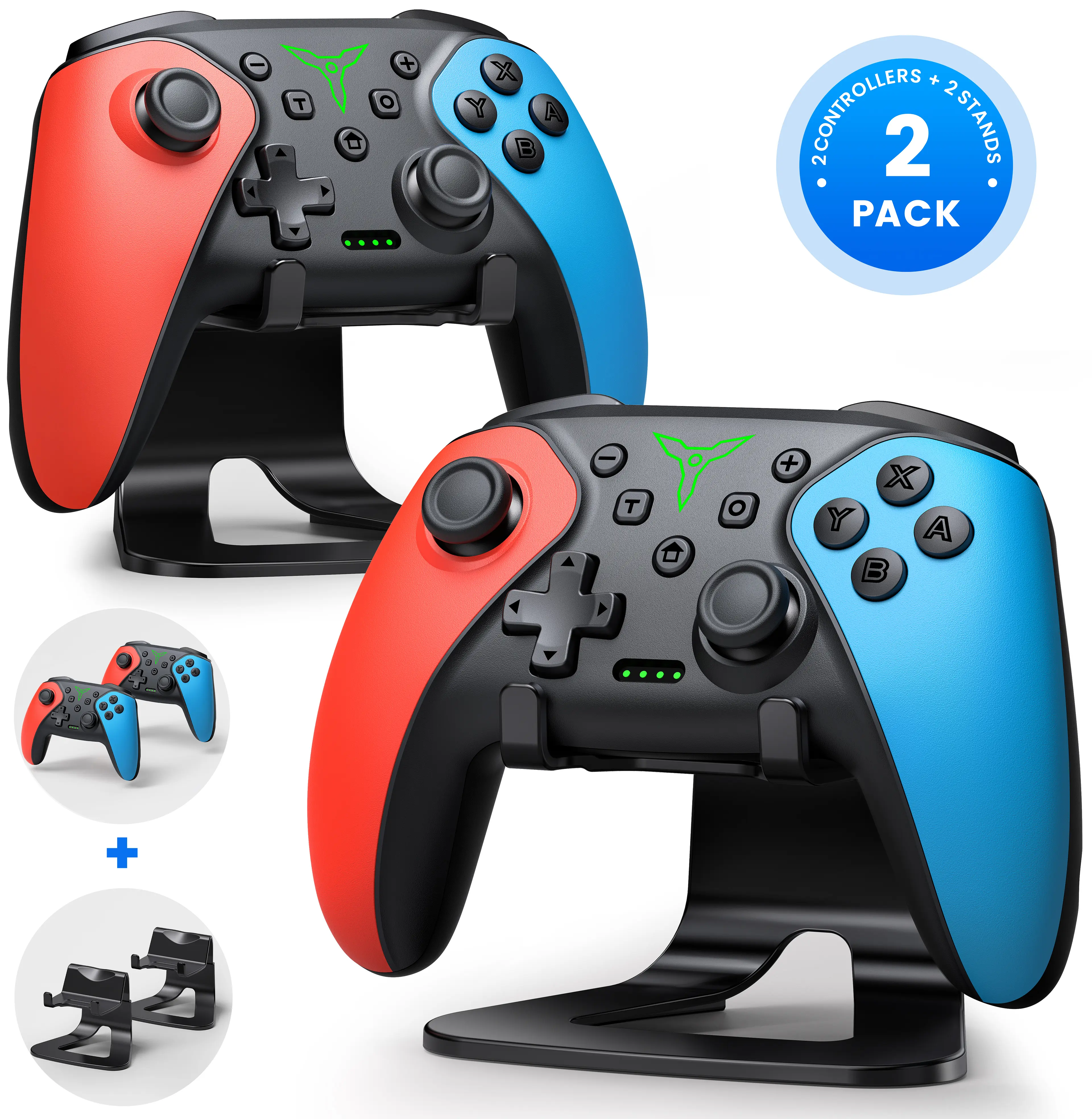 Switch Controller 2-Pack, Wireless Pro Controller for Switch2/Switch/Lite/OLED, Bluetooth Gamepad with Programmable Back Buttons, Turbo, Vibration, Gyro, Compatible with iOS/Android/PC, Includes 2 Stands