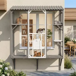 [Bellemave] 67" Window-Mounted Catio Outdoor Cat Enclosure| Wood Cat Patio with Platforms for 1-3 Cats﻿