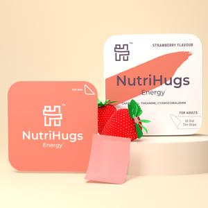 NutriHugs Energy Strips Supplement - 30 Strawberry Flavored Oral Melts - 50mg Caffeine, L-Theanine, Vitamin B12 for Boosted Energy - Vegan, Non-GMO, Sugar-Free Healthcare Supplement