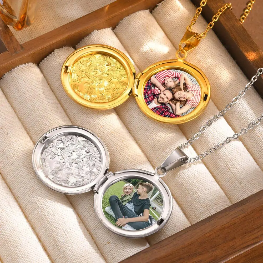 Vnox Free Custom Po Frame Pendant Necklaces, Round Pendant Holds Image Picture, Love Memorial Locket Necklaces Gift for Women