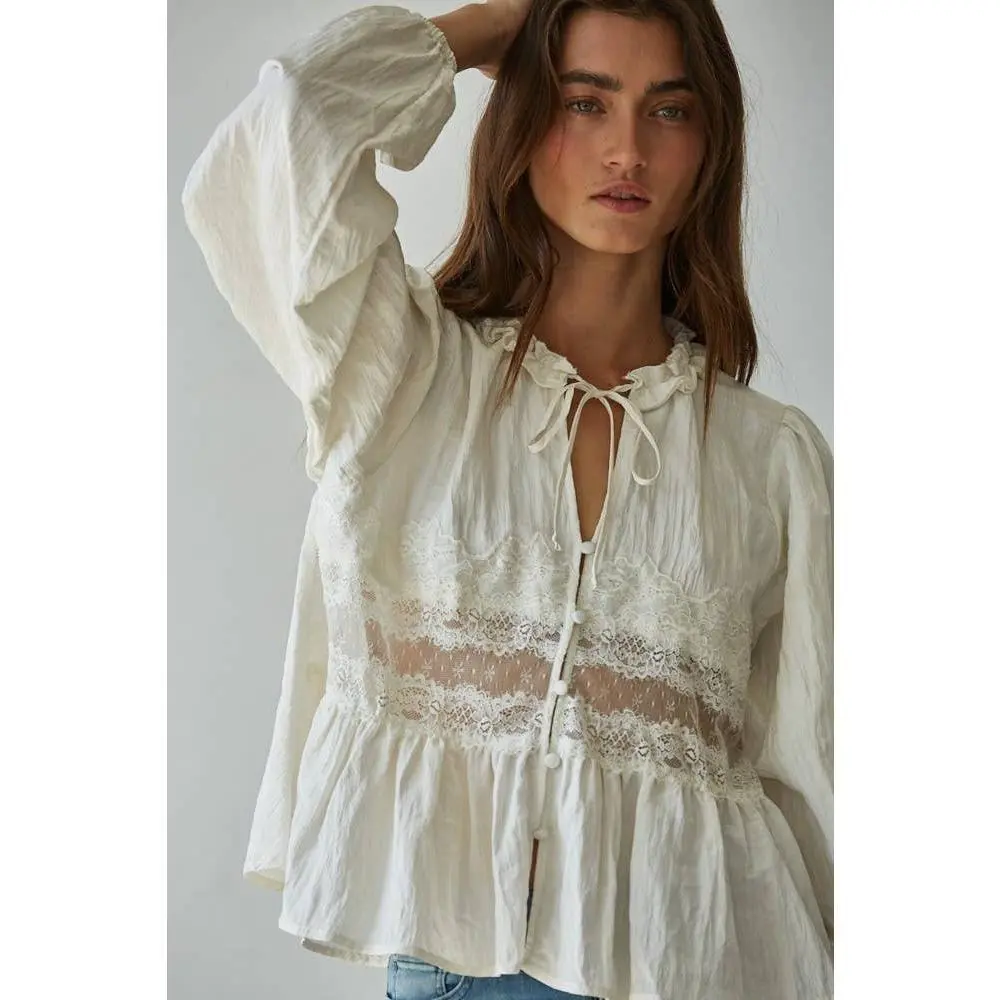 Woven Polyester Nylon Sheer Lace Detail Blouse
