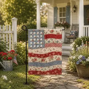 Faux Patchwork Vintage Quilted American Flag Garden Flag, Floral Patriotic Yard Decor, Farmhouse USA Porch Flag for Summer Holiday Outdoor Decor, Print Only