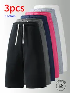 3-Pack Men’s casual 3/4 shorts: elastic waistband drawstring athletic 3/4 shorts. Simple solid color that pairs easily—suitable for summer daily commuting and work, street and outdoor activities, holiday leisure, sports running, a