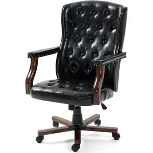 Vintage Brown Leather Wingback Office Chair - 350 LBS Capacity, 7.6" Thick Ergonomic Cushion - Sturdy Wood Base - Comfortable Seating for Home Office, Living Room, or Executive Suite